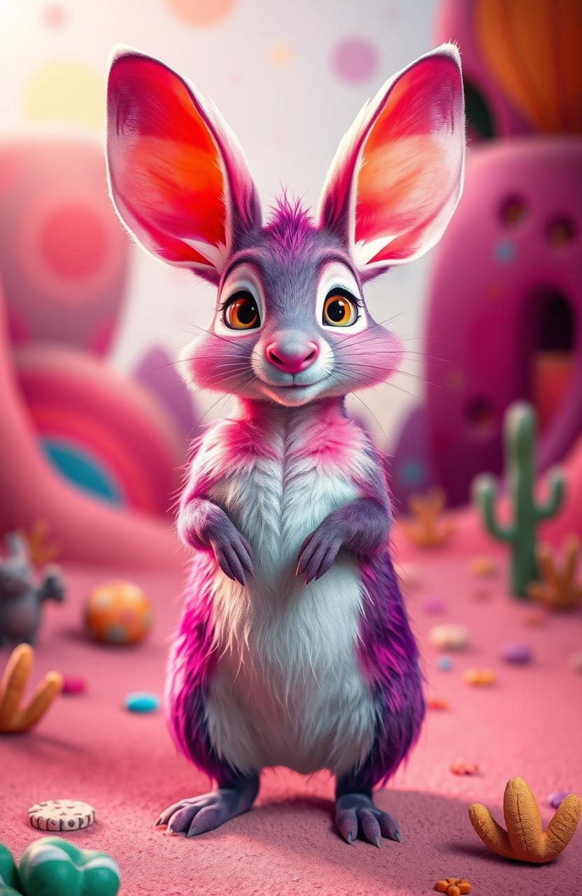 A whimsical, artistic representation of a bilby with vibrant purple and pink fur