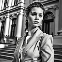 A Baltic politician embodying youthful charisma and sophistication, captured in a striking black and white image