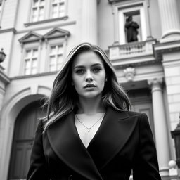 A Baltic politician embodying youthful charisma and sophistication, captured in a striking black and white image