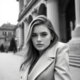 A Baltic politician embodying youthful charisma and sophistication, captured in a striking black and white image