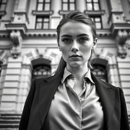 A Baltic politician embodying youthful charisma and sophistication, captured in a striking black and white image