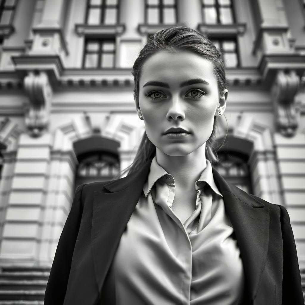 A Baltic politician embodying youthful charisma and sophistication, captured in a striking black and white image