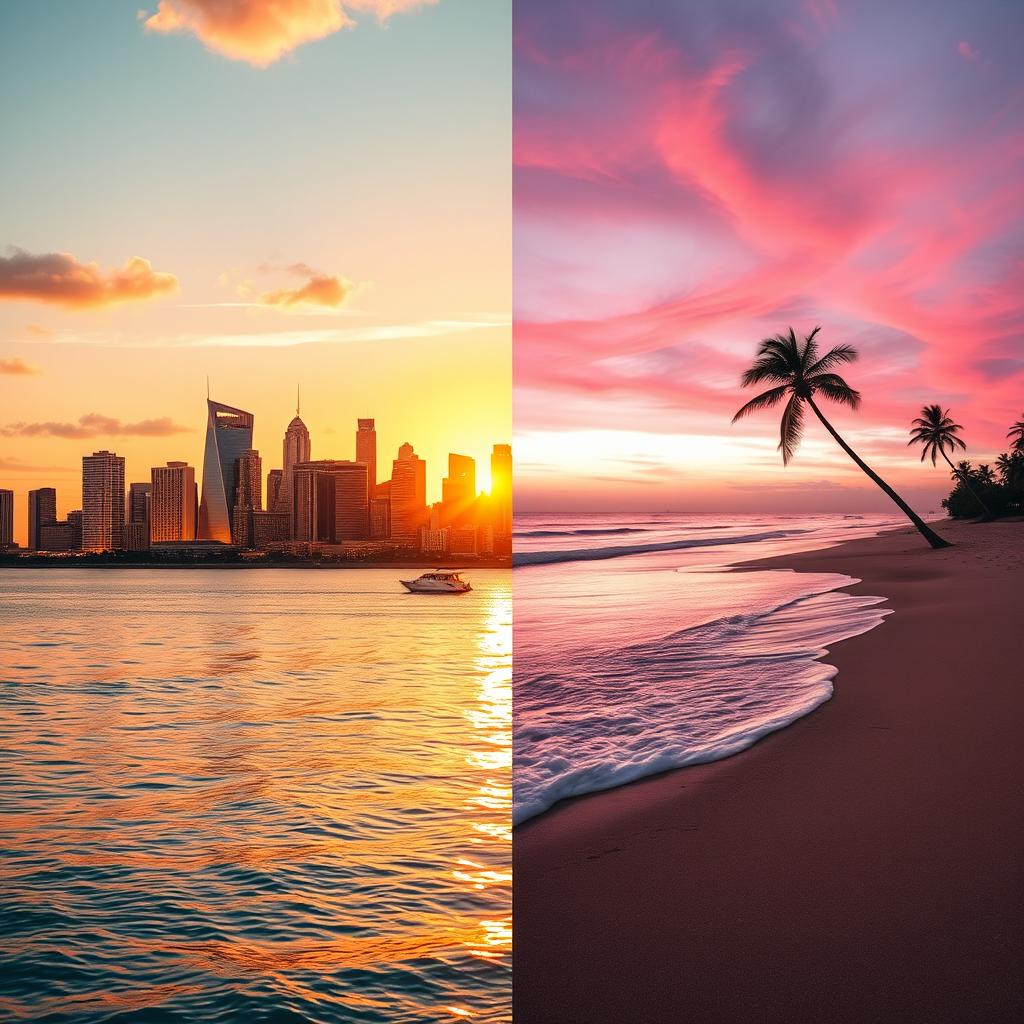 A creative collage merging two distinct scenes: on the left, a vibrant city skyline during sunset, radiating warm golden hues and illuminated buildings, with reflections on water