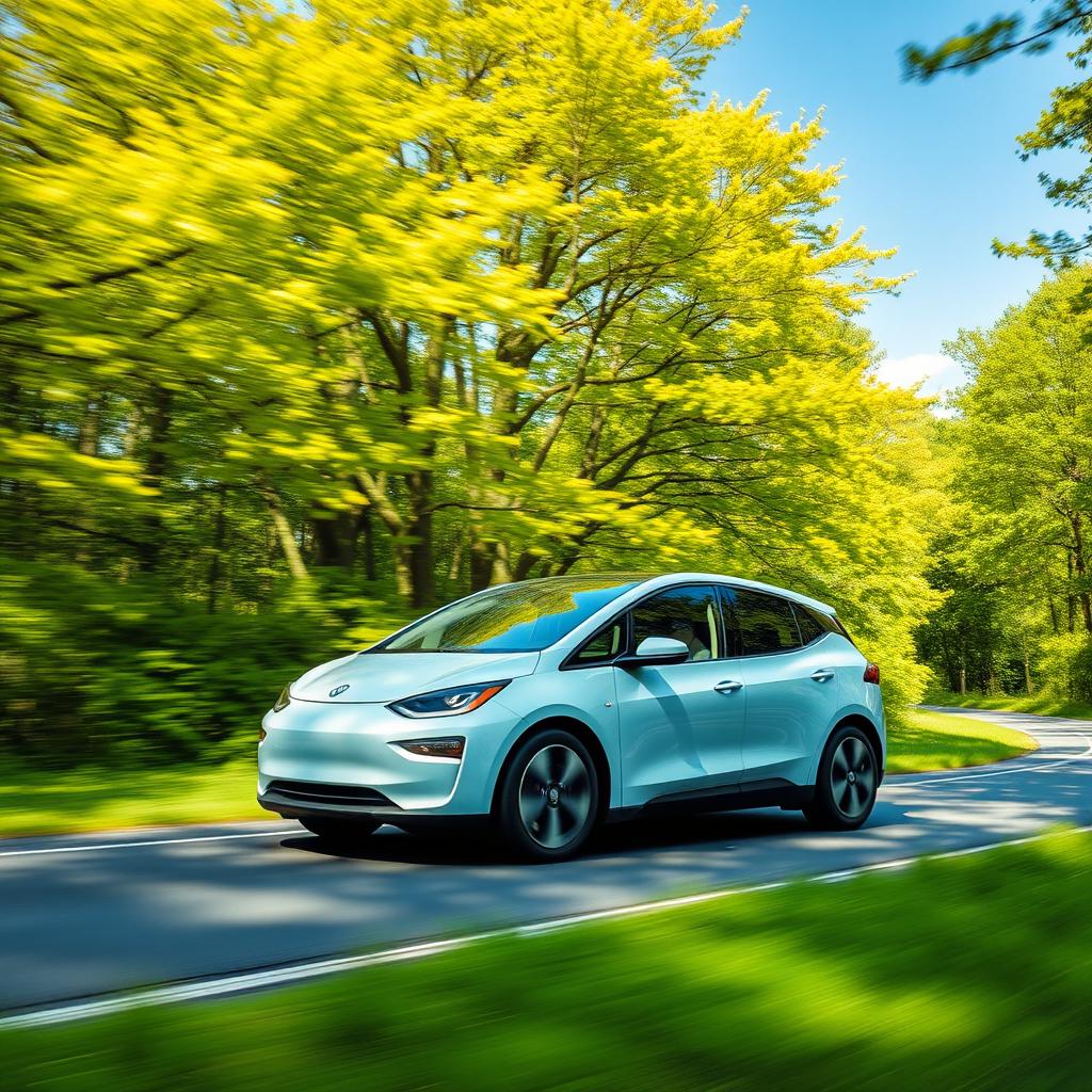 A modern electric vehicle driving along a road surrounded by lush green nature, with vibrant trees and a clear blue sky, symbolizing eco-friendly driving