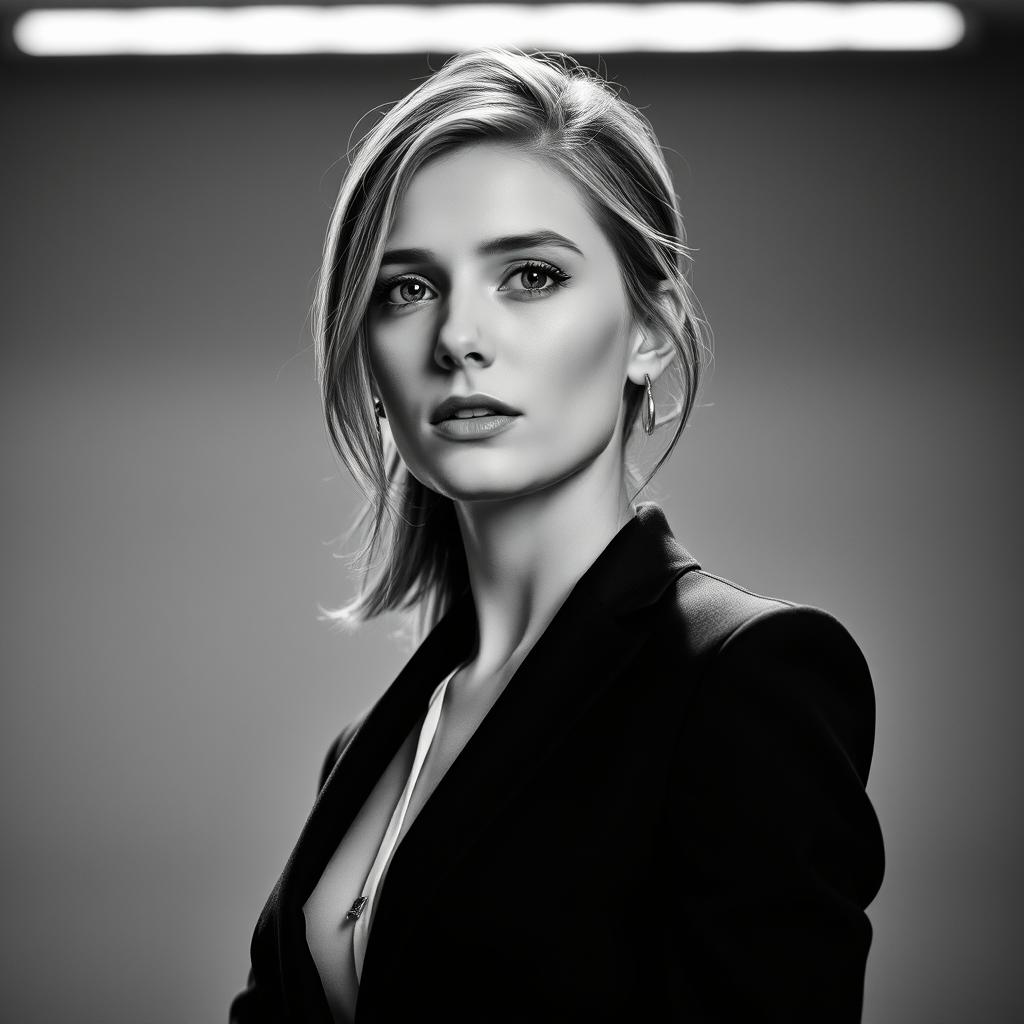 A 20-year-old Baltic politician captured in a striking black and white portrait that emphasizes her youthful charisma and attractive presence