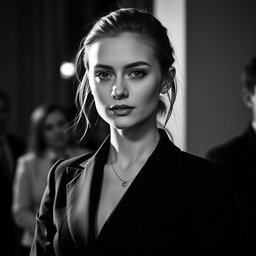 A 20-year-old Baltic politician captured in a striking black and white portrait that emphasizes her youthful charisma and attractive presence