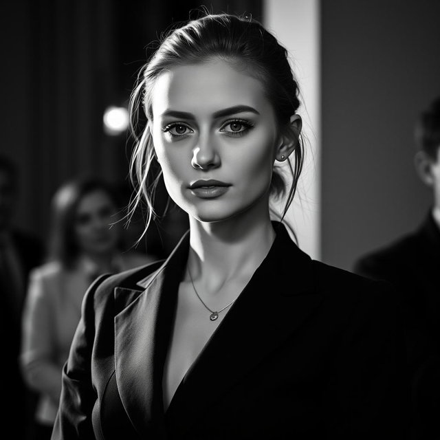 A 20-year-old Baltic politician captured in a striking black and white portrait that emphasizes her youthful charisma and attractive presence