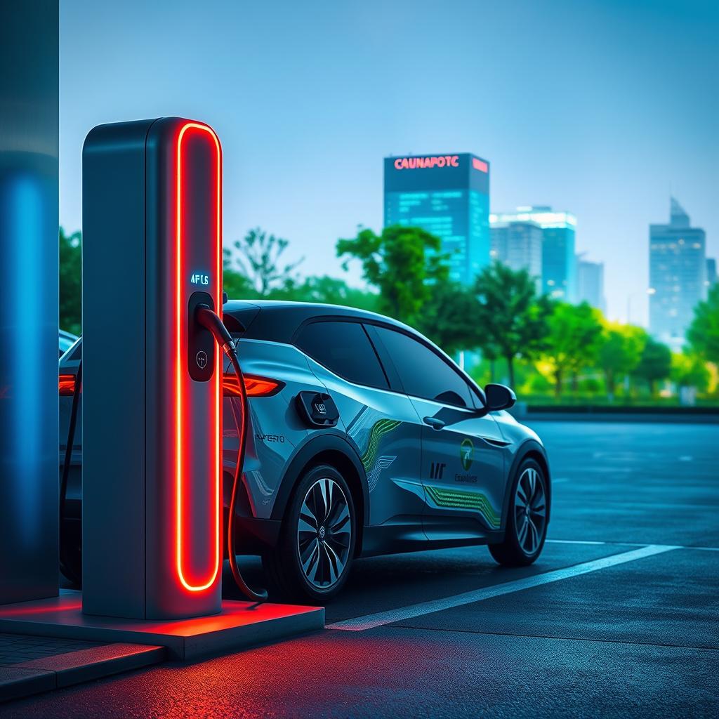 A modern electric vehicle charging at a sleek charging station, illuminated by futuristic neon lights