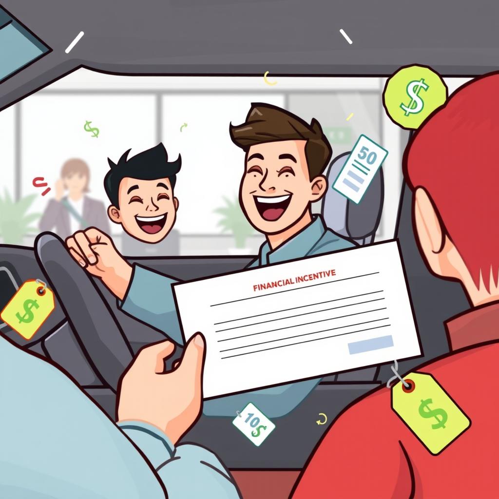 A scene depicting a driver happily receiving a financial incentive for purchasing an electric vehicle, surrounded by symbols of discounts and tax benefits