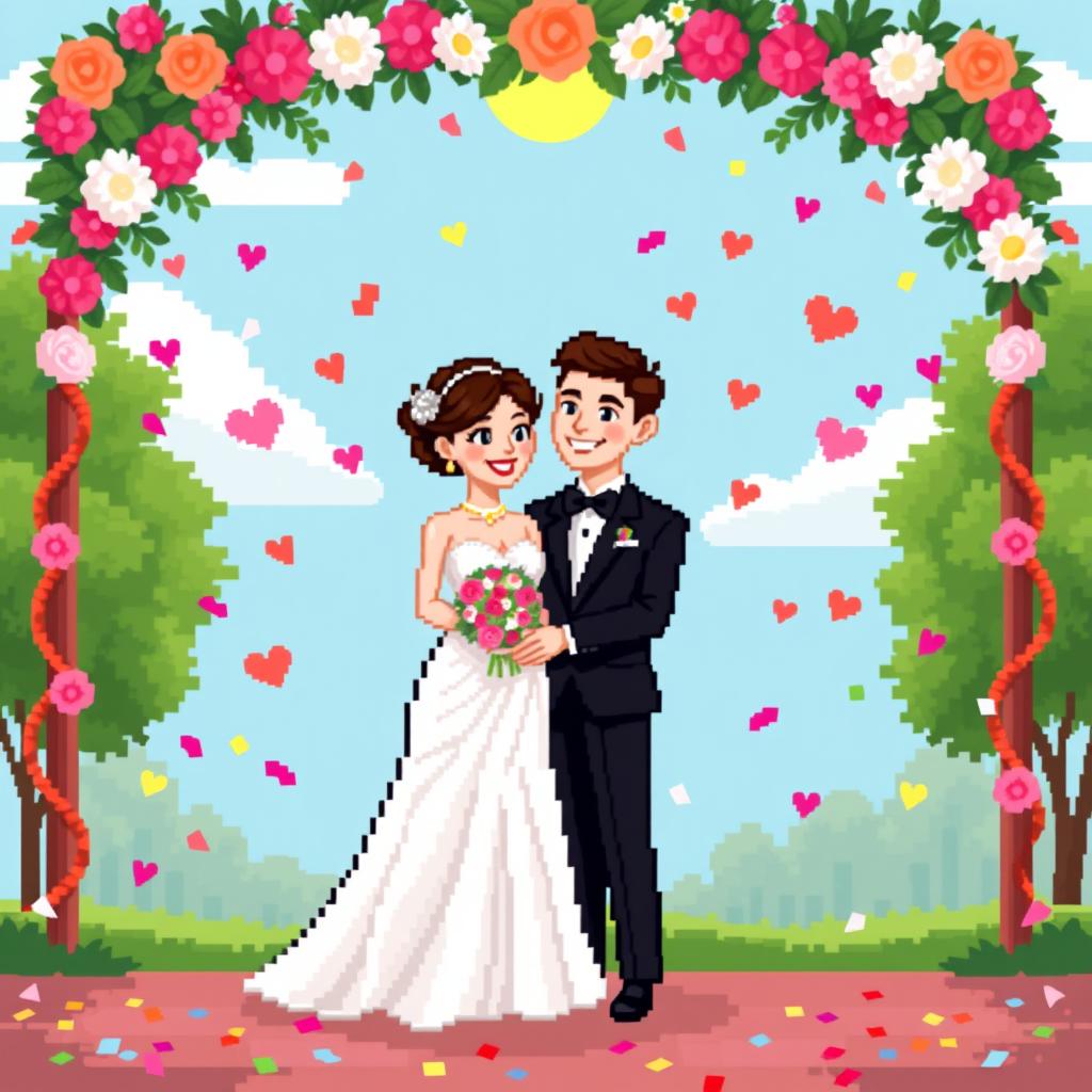 An 8-bit pixel art scene featuring a charming wedding couple, the bride in a white gown adorned with pixelated details and a bouquet of pixel flowers, the groom in a classic black tuxedo with a pixel bow tie