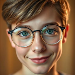 A close-up portrait of a young adult with bright green eyes, wearing stylish round glasses