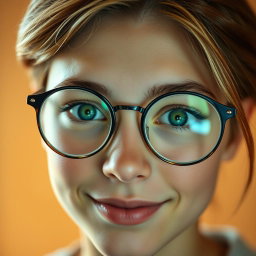 A close-up portrait of a young adult with bright green eyes, wearing stylish round glasses