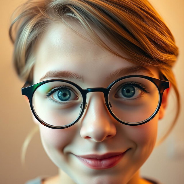 A close-up portrait of a young adult with bright green eyes, wearing stylish round glasses