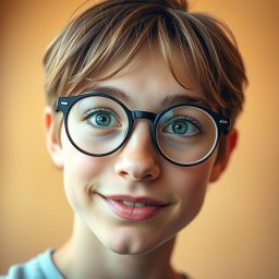 A close-up portrait of a young adult with bright green eyes, wearing stylish round glasses
