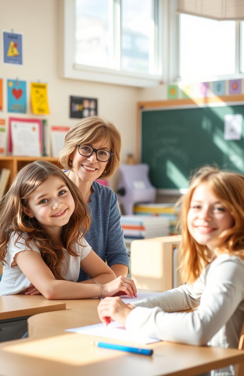 A warm and inviting classroom scene featuring a teacher, a middle-aged woman with short brown hair and glasses, smiling confidently as she interacts with a student, who is a teenage girl with long wavy hair and a curious expression, seated at a desk