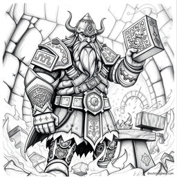 An intricate black and white drawing of the dwarven guardian of the holy forge of power, a robust figure standing majestically in front of the forge