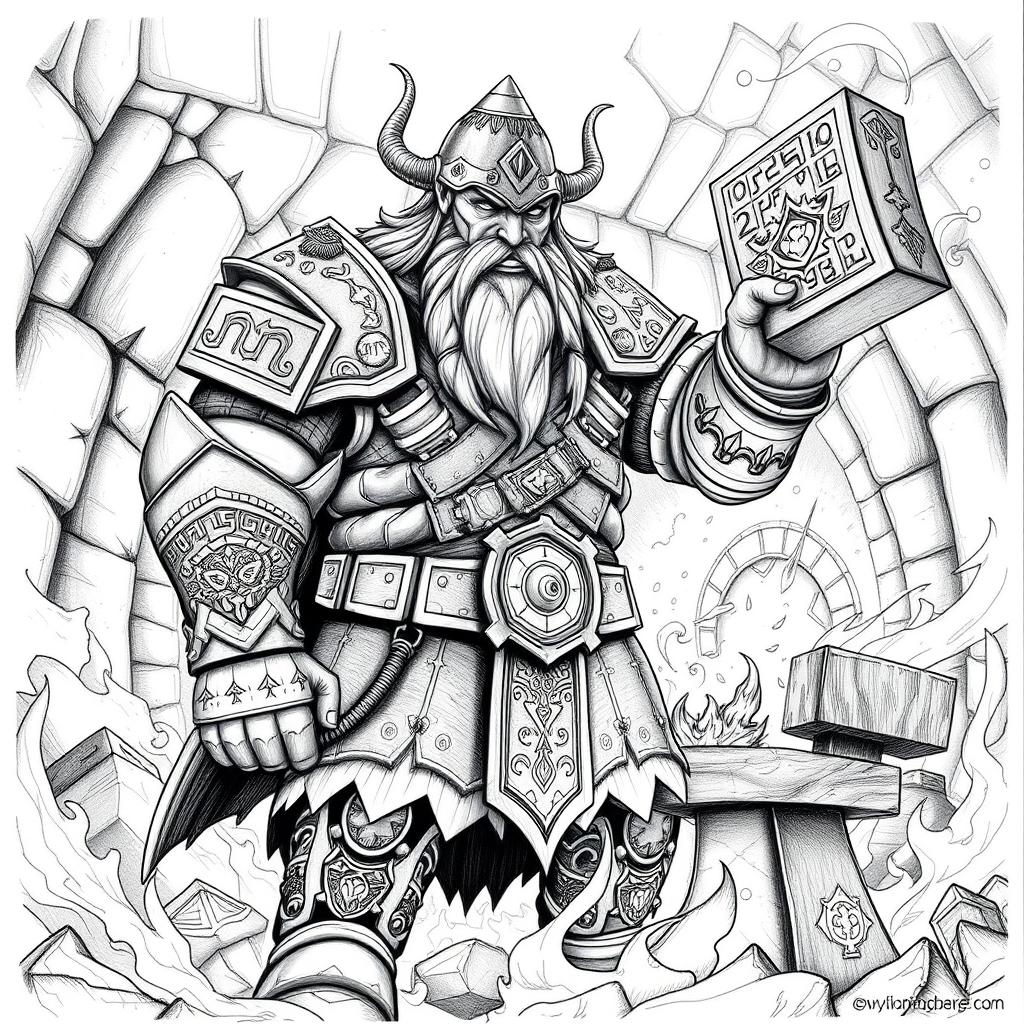 An intricate black and white drawing of the dwarven guardian of the holy forge of power, a robust figure standing majestically in front of the forge