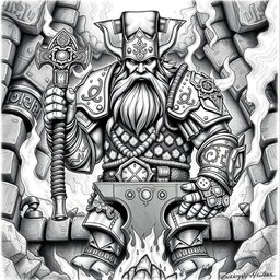 An intricate black and white drawing of the dwarven guardian of the holy forge of power, a robust figure standing majestically in front of the forge