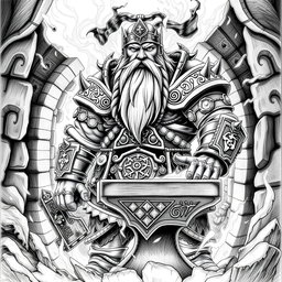 An intricate black and white drawing of the dwarven guardian of the holy forge of power, a robust figure standing majestically in front of the forge
