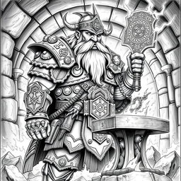An intricate black and white drawing of the dwarven guardian of the holy forge of power, a robust figure standing majestically in front of the forge