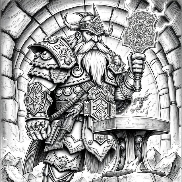 An intricate black and white drawing of the dwarven guardian of the holy forge of power, a robust figure standing majestically in front of the forge
