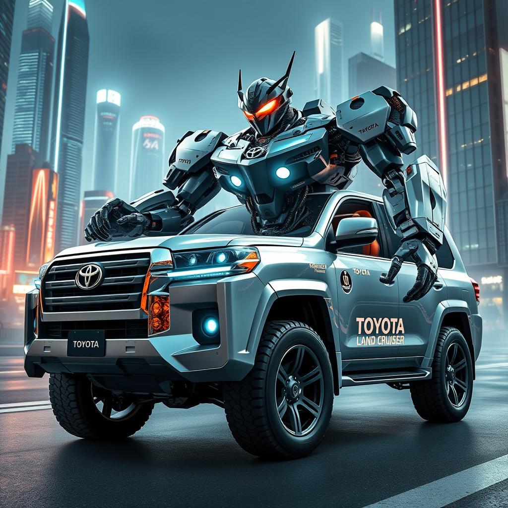 A futuristic Toyota Land Cruiser transforming into a powerful robot, showcasing sleek metallic surfaces, intricate mechanical components, and glowing LED lights