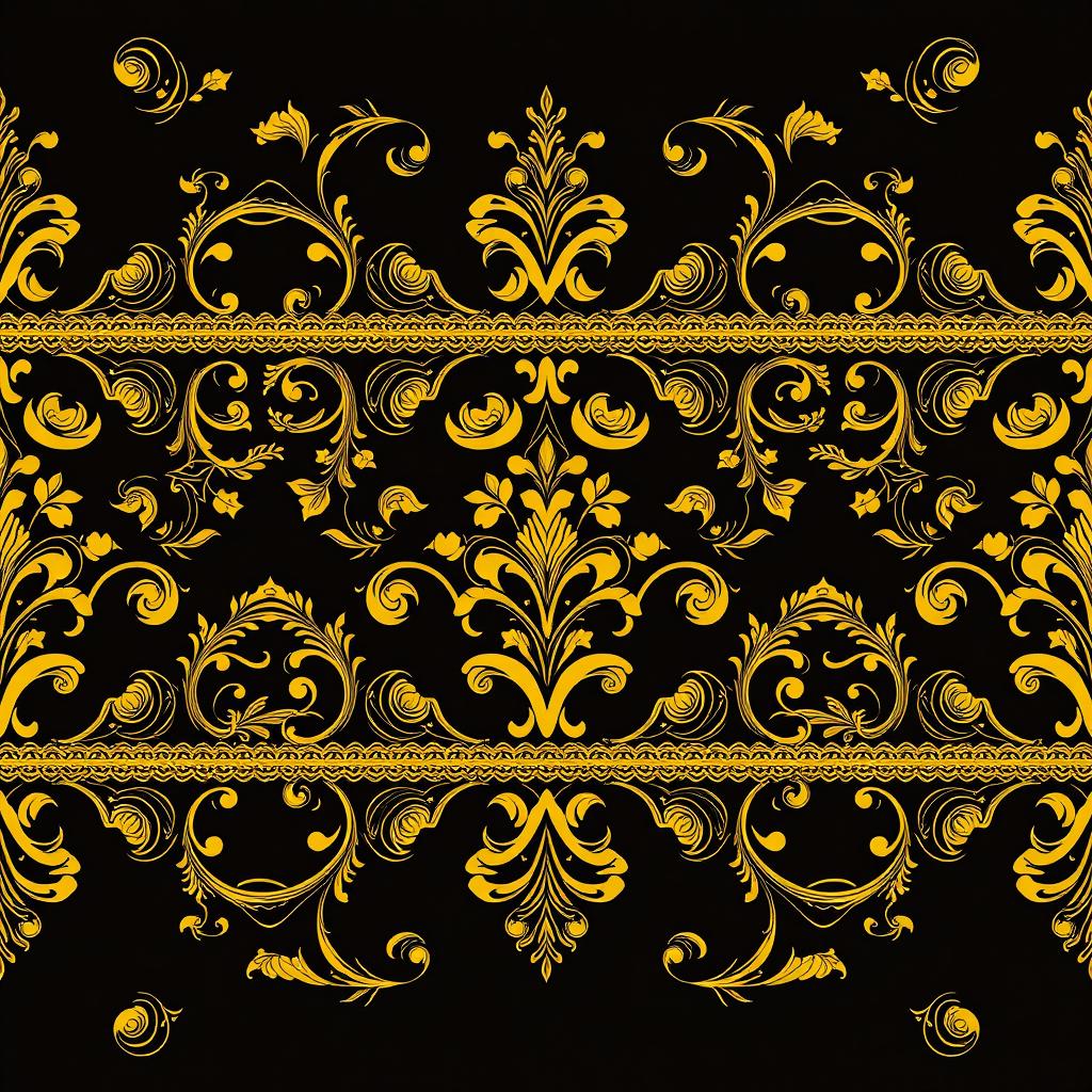 An elegant Arabesk seamless floral border design featuring intricate patterns and motifs in a rich gold color