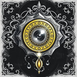 An elaborate black and white drawing of a dwarven lens, depicted as a thin golden disk elegantly mounted within a ring of pure gemstone