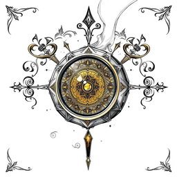 An elaborate black and white drawing of a dwarven lens, depicted as a thin golden disk elegantly mounted within a ring of pure gemstone