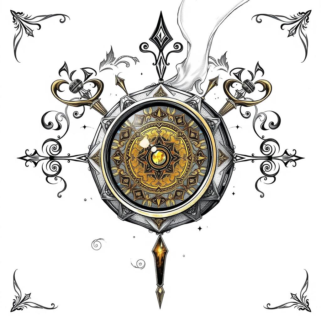 An elaborate black and white drawing of a dwarven lens, depicted as a thin golden disk elegantly mounted within a ring of pure gemstone