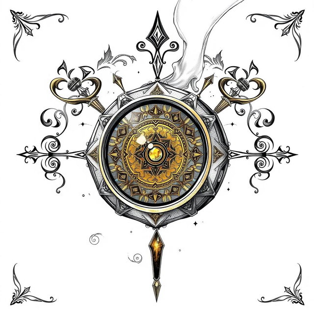 An elaborate black and white drawing of a dwarven lens, depicted as a thin golden disk elegantly mounted within a ring of pure gemstone