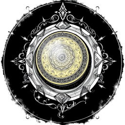 An elaborate black and white drawing of a dwarven lens, depicted as a thin golden disk elegantly mounted within a ring of pure gemstone