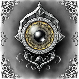 An elaborate black and white drawing of a dwarven lens, depicted as a thin golden disk elegantly mounted within a ring of pure gemstone