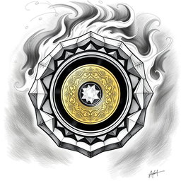An exquisite black and white drawing of a dwarven lens, depicted as a delicate thin golden disk intricately mounted within a ring of pure gemstone