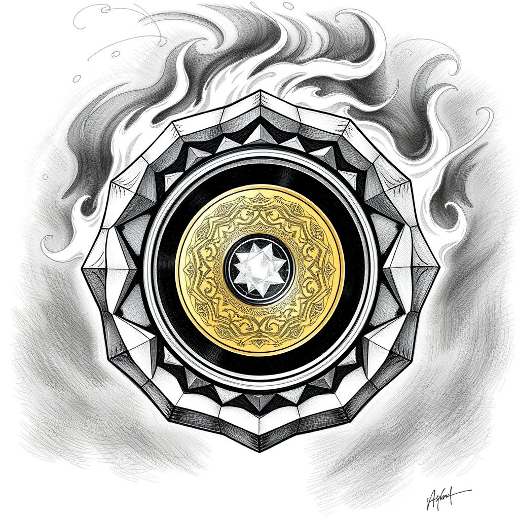 An exquisite black and white drawing of a dwarven lens, depicted as a delicate thin golden disk intricately mounted within a ring of pure gemstone