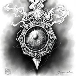 An exquisite black and white drawing of a dwarven lens, depicted as a delicate thin golden disk intricately mounted within a ring of pure gemstone