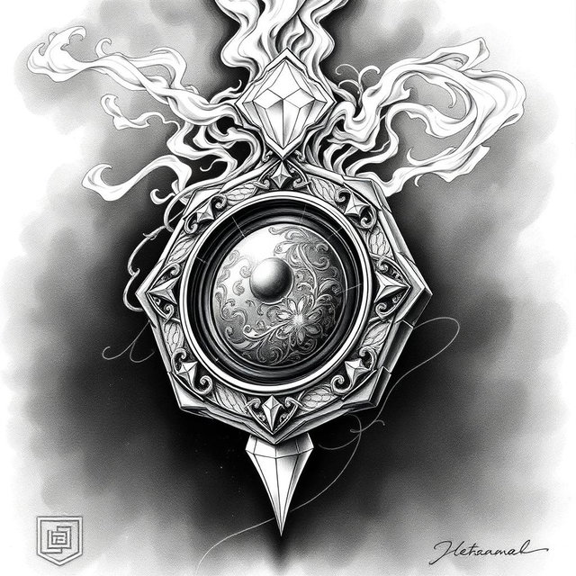 An exquisite black and white drawing of a dwarven lens, depicted as a delicate thin golden disk intricately mounted within a ring of pure gemstone