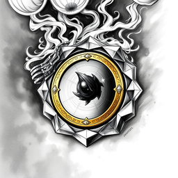 An exquisite black and white drawing of a dwarven lens, depicted as a delicate thin golden disk intricately mounted within a ring of pure gemstone
