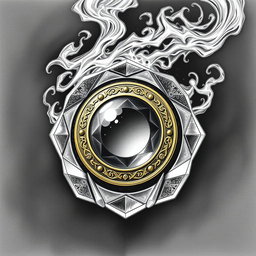 An exquisite black and white drawing of a dwarven lens, depicted as a delicate thin golden disk intricately mounted within a ring of pure gemstone