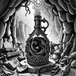 A detailed black and white drawing of a dwarven flask filled with the enigmatic oil of darkness, set within the atmospheric backdrop of an underground dwarven forge of power