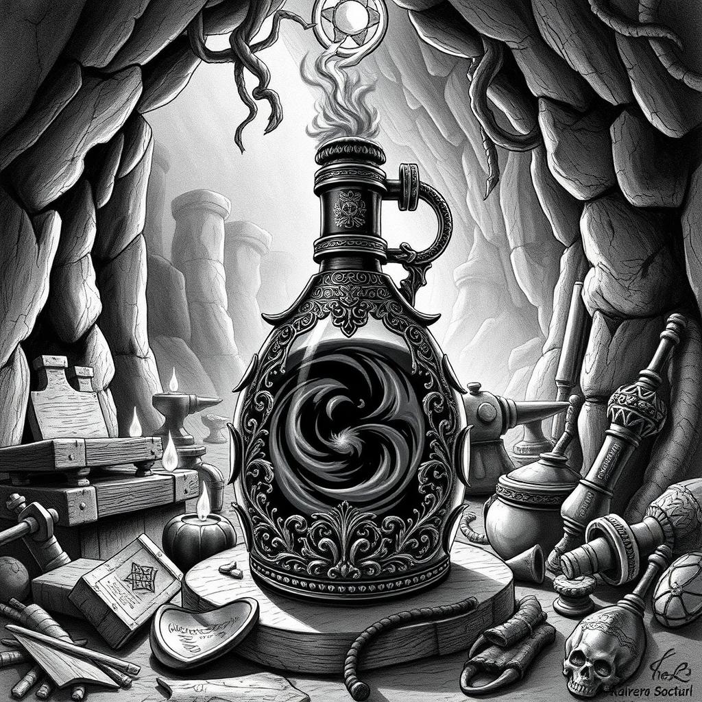 A detailed black and white drawing of a dwarven flask filled with the enigmatic oil of darkness, set within the atmospheric backdrop of an underground dwarven forge of power