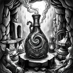 A detailed black and white drawing of a dwarven flask filled with the enigmatic oil of darkness, set within the atmospheric backdrop of an underground dwarven forge of power