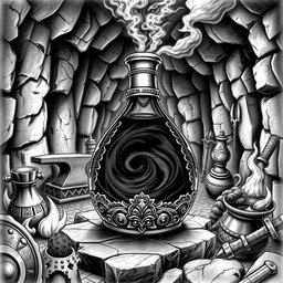 A detailed black and white drawing of a dwarven flask filled with the enigmatic oil of darkness, set within the atmospheric backdrop of an underground dwarven forge of power