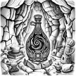 A detailed black and white drawing of a dwarven flask filled with the enigmatic oil of darkness, set within the atmospheric backdrop of an underground dwarven forge of power