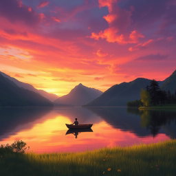 A serene landscape at sunset, featuring a tranquil lake surrounded by lush green mountains