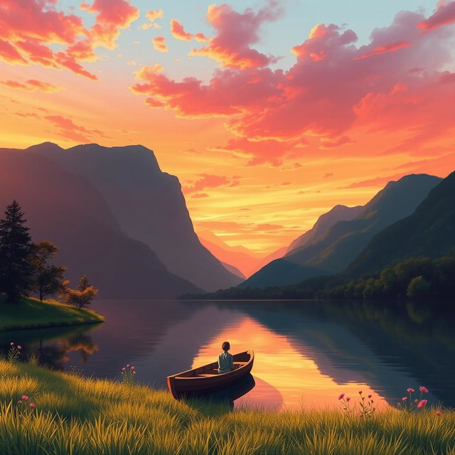 A serene landscape at sunset, featuring a tranquil lake surrounded by lush green mountains