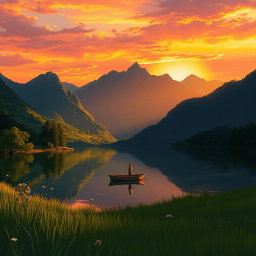 A serene landscape at sunset, featuring a tranquil lake surrounded by lush green mountains