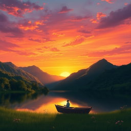 A serene landscape at sunset, featuring a tranquil lake surrounded by lush green mountains