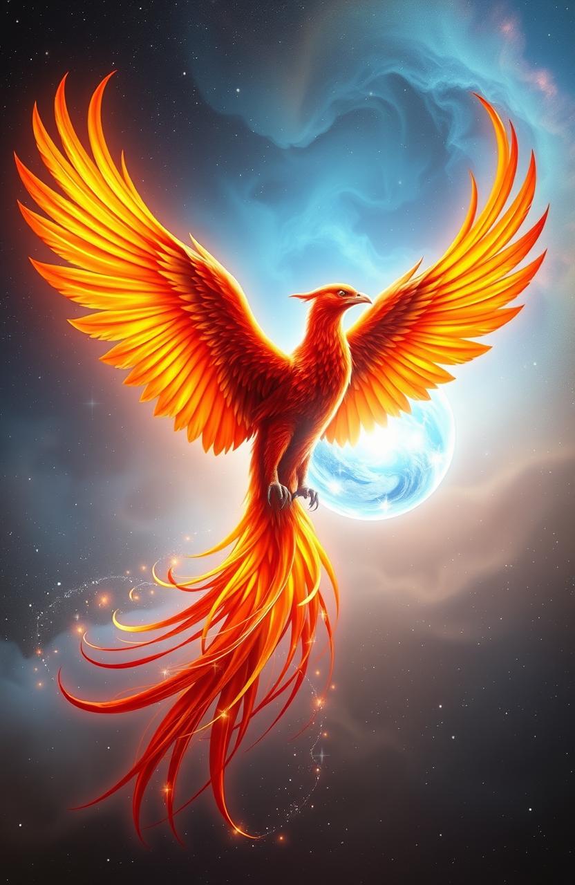 An ethereal image of a mystical phoenix intertwined with a glowing, radiant soul