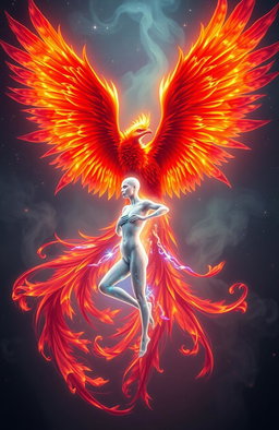 A magnificent phoenix and a human soul entwined together in a surreal and ethereal scene, both glowing with vibrant colors